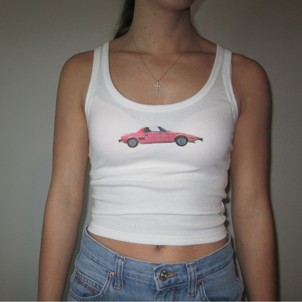 White tank top with red car design! #babytank #redcar #vintage #wornonce